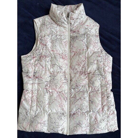 Ladies Lands End Down Puffer Ivory Vest Red/Brown Botanical Print Size M - Picture 1 of 5